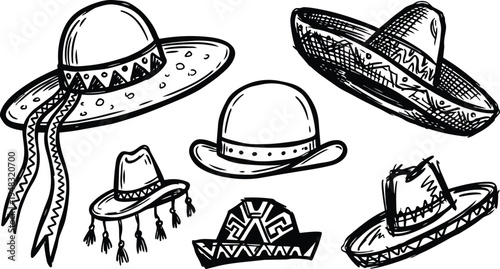 Line art hand drawn sombrero and western hat set six angled views close up vector sketch black ink outline isolated