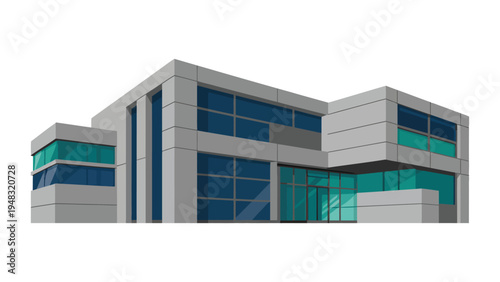 Modern office building with large glass windows and teal accents stands against a clean white.