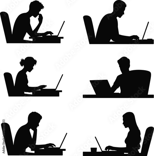 Six silhouettes of people working on laptops at desks in different postures des