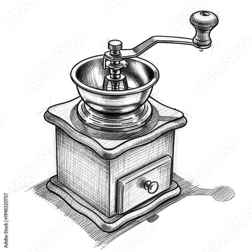 Vintage coffee grinder illustration with wooden base and metal hopper