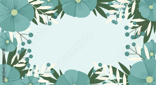 Elegant turquoise floral frame with leaves and berries on a light blue background