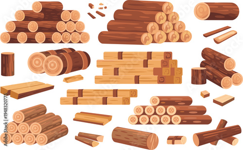 Sustainable pile of wood logs and timber planks for forestry and carpentry industry isolated vector

Wood industry materials with timber logs, pine trunk piles and lumber planks in flat vector style