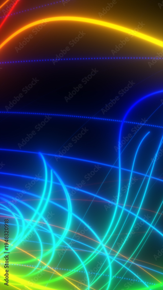 Obraz premium Colorful neon light trails and curves on dark background, vibrant abstract energy flow with glowing lines for futuristic motion and technology themes
