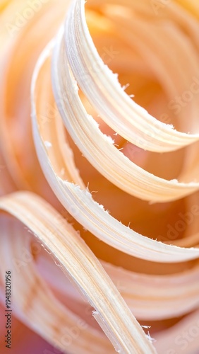 Curly wood shaving abstract. Light catches texture, creating a spiral, organic form