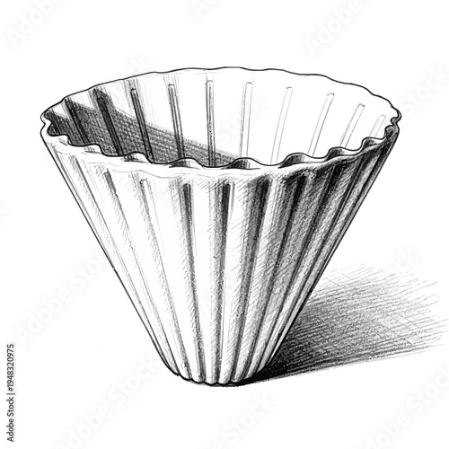 Conical paper coffee filter, hand-drawn sketch, isolated on white background