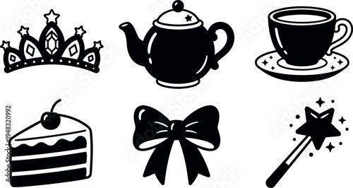 Black and white vector icons of crown teapot cup of tea cake slice bow and magic wand sparkling details