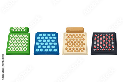 Set of four acupressure mats and rollers in different colors and designs