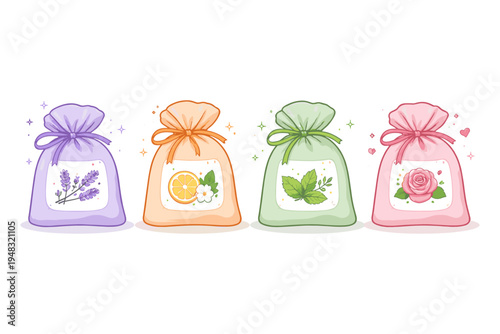 Colorful sachets filled with fragrant herbs and flowers for home decoration