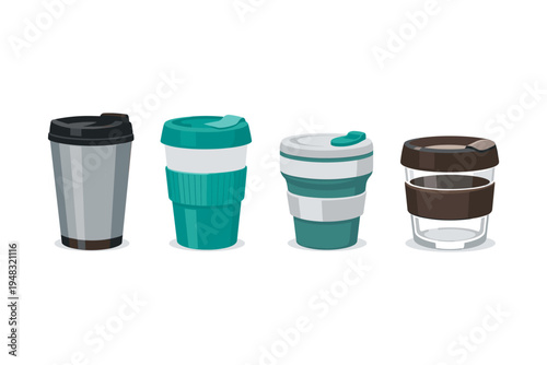 Collection of four reusable coffee cups with lids and sleeves for takeaway drinks