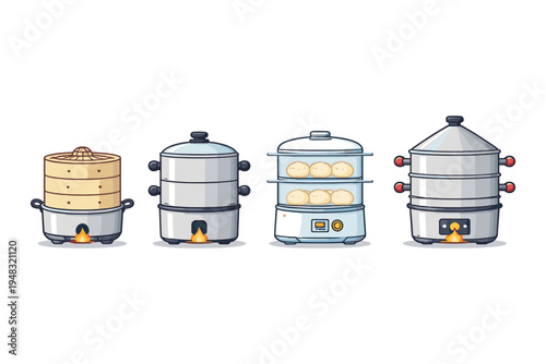 Collection of four different steaming pots with food and flames, cartoon style
