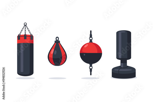 Collection of four different boxing bags and speed bags for training and fitness