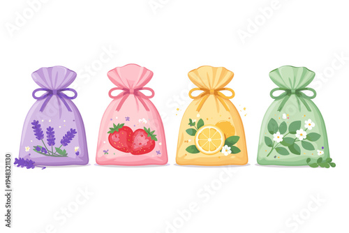 Four colorful sachets with lavender, strawberry, lemon, and jasmine scents
