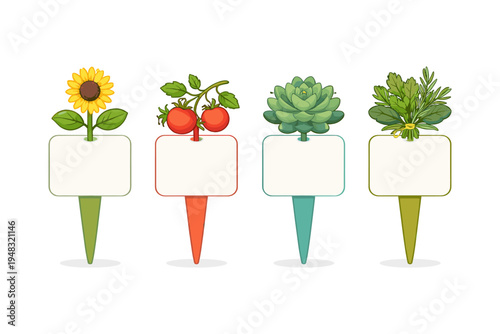 Four garden markers with plants: sunflower, tomatoes, succulent, and herbs