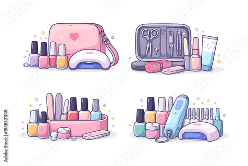 Cute cartoon collection of nail polish bottles, UV lamp, and manicure tools