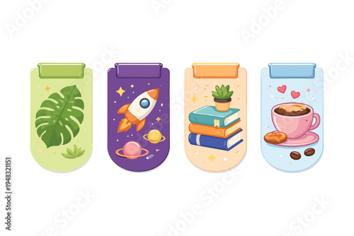 Cute illustrated bookmarks featuring plants, space, books, and coffee