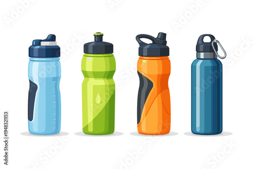 Collection of four colorful sports water bottles with different designs and caps