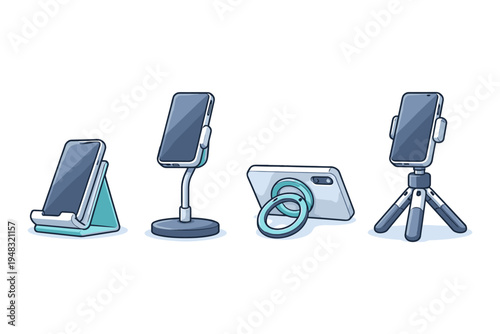 Collection of four different smartphone stands and holders for various uses