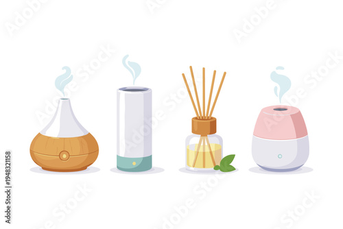 Collection of modern essential oil diffusers and reed diffusers emitting steam