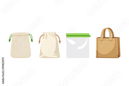 Collection of reusable bags including mesh, drawstring, zipper, and tote styles
