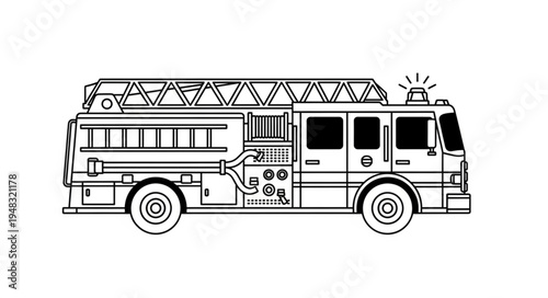 Detailed Line Art Illustration of a Fire Engine Truck.