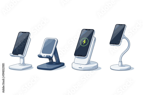 Collection of modern smartphone stands and wireless chargers for convenience and desk organization