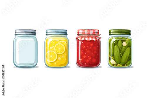 Four glass jars containing preserves, lemonade, jam, and pickles on a white background