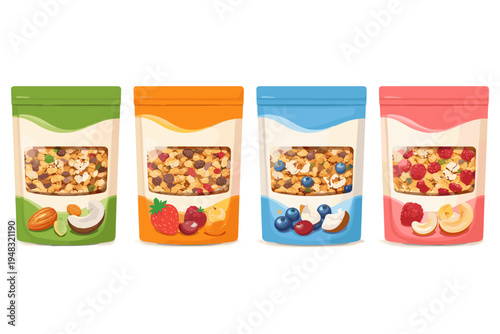 Assortment of four colorful granola bar packages with different fruit and nut ingredients