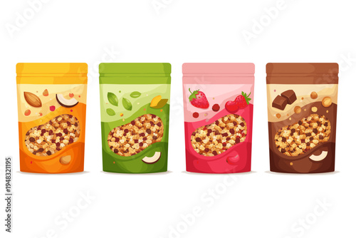Colorful canisters of assorted granola flavors on a white background