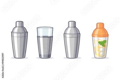 Collection of cocktail shakers and a glass, one shaker filled with ice and fruit