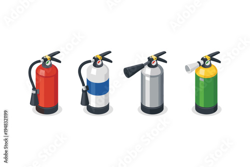Collection of four different types of fire extinguishers in isometric view