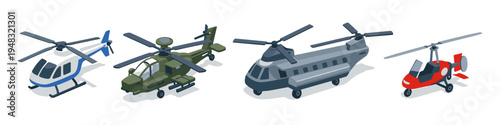 Collection of four diverse isometric helicopters in different colors and styles