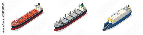 Collection of three different cargo ships in isometric view on white background