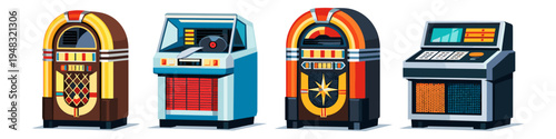 Collection of four vintage jukeboxes in different retro styles and colors