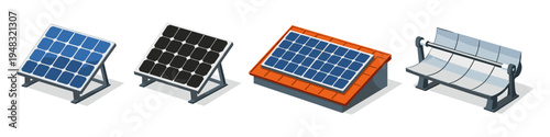 Collection of different types of solar energy panels and collectors for renewable power generation