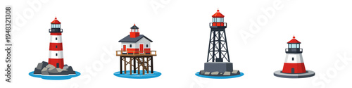 Collection of four distinct lighthouse illustrations on a white background