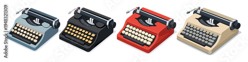 Collection of four vintage typewriters in different colors: blue, black, red, and beige