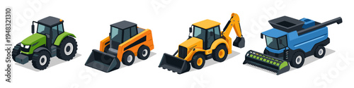 Set of isometric agricultural and construction vehicles including tractor, skid steer, backhoe, and combine harvester