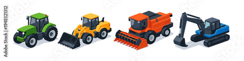 Collection of isometric agricultural and construction vehicles on a white background