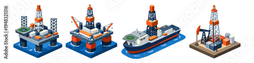 Collection of isometric offshore oil rigs and drilling equipment illustrations