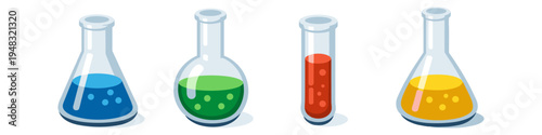 Collection of colorful laboratory flasks and test tubes with bubbling liquids