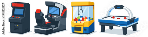 Collection of classic arcade games and entertainment machines on white background