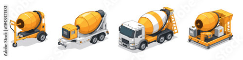 Collection of four different types of concrete mixer trucks and machines