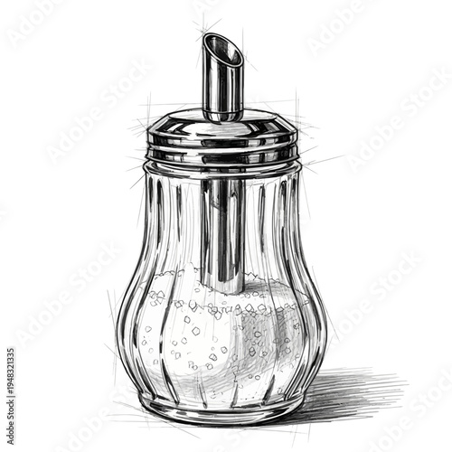 Glass sugar dispenser with metal lid and spout, filled with sugar crystals