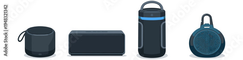 Collection of portable Bluetooth speakers in various modern designs and sizes