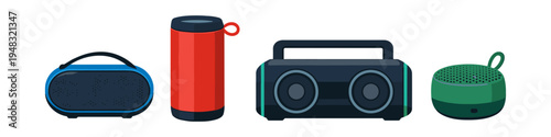 Collection of portable Bluetooth speakers in various shapes and colors on a white background