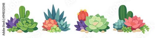 Collection of colorful cartoon succulents and cacti arranged in small desert garden arrangements