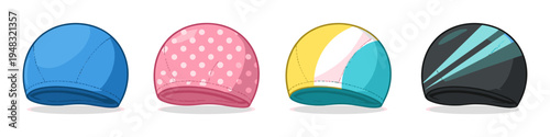 Collection of four colorful swimming caps with different patterns and designs