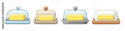 Collection of four cartoon butter dishes with butter sticks on white background
