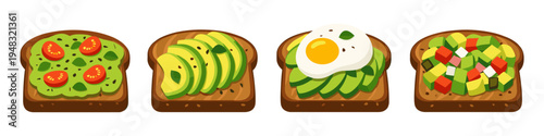 Four delicious avocado toast variations with different toppings on whole wheat bread
