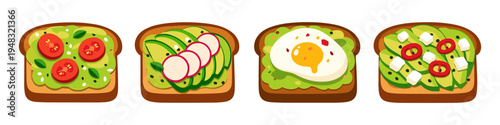Four delicious avocado toast variations with fresh toppings and a fried egg